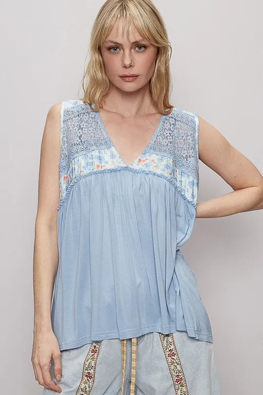 POL Lace Detail Frill Floral V-Neck Sleeveless Top - Brittney MADE