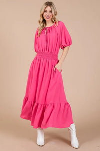 Ces Femme Smocked Elastic Waist Tie Neck Puff Sleeve Dress - Brittney MADE