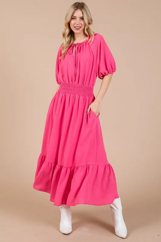 Ces Femme Smocked Elastic Waist Tie Neck Puff Sleeve Dress - Brittney MADE