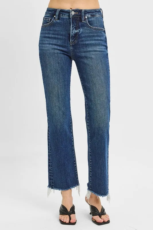 RISEN Full Size Tummy Control High Rise Crop Straight Raw Cut Hem Jeans Plus Size - Brittney MADE