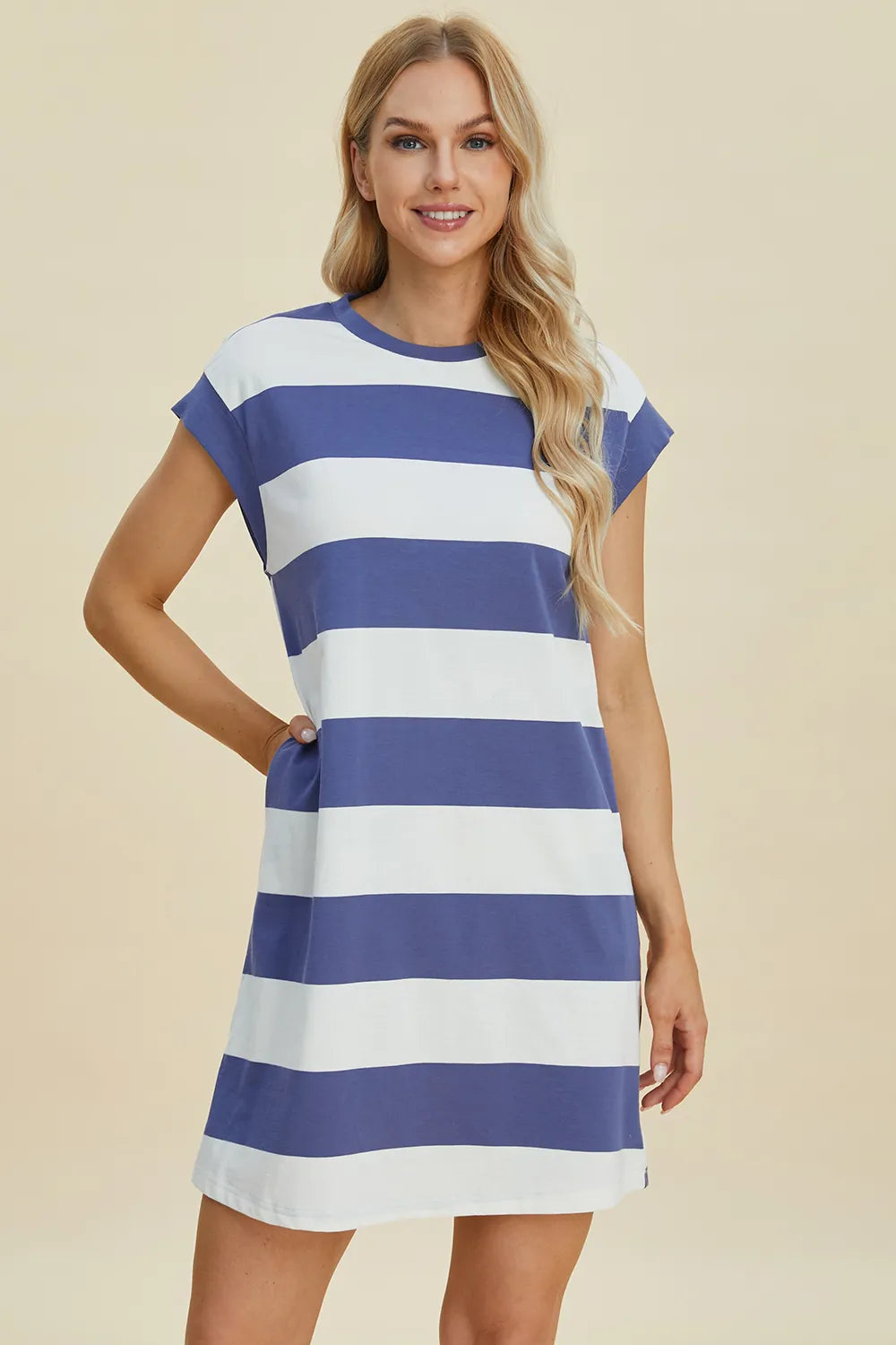 Basic Bae Full Size Striped Round Neck Cap Sleeve Mini Dress - Brittney MADE
