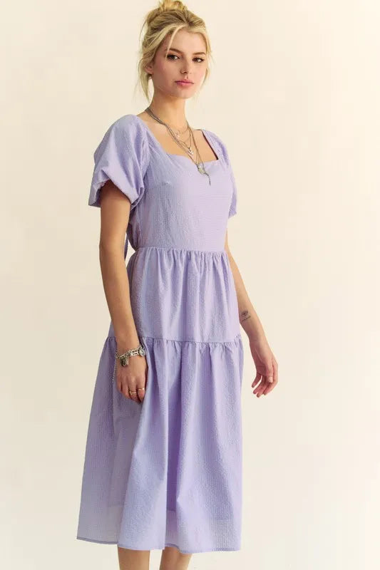Davi & Dani Textured Fabric Short Puff Sleeve Midi Dress - Brittney MADE
