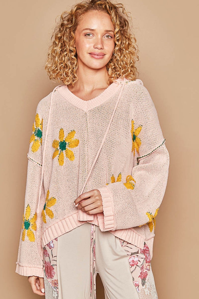 POL Floral Pattern Hooded High-Low Sweater - Brittney MADE