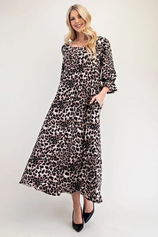 Celeste Full Size Leopard Round Neck Flounce Sleeve Dress - Brittney MADE