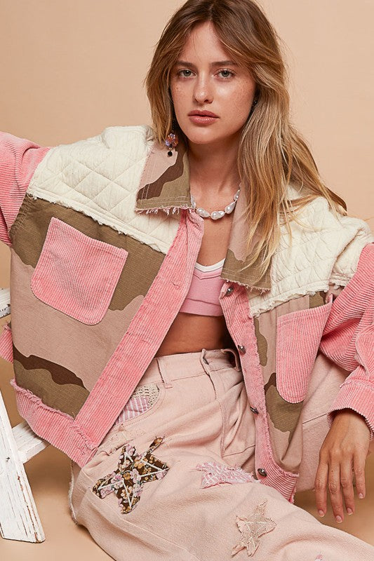 POL Corduroy Jacquard Patchwork Button Up Jacket - Brittney MADE