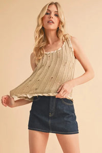 Aemi+Co Distressed Detail Round Neck Knit Tank - Brittney MADE