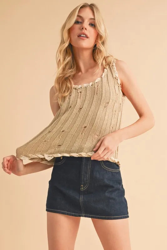 Aemi+Co Distressed Detail Round Neck Knit Tank - Brittney MADE