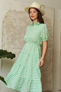Davi & Dani Checkered Puff Sleeve Tiered Shirt Dress - Brittney MADE