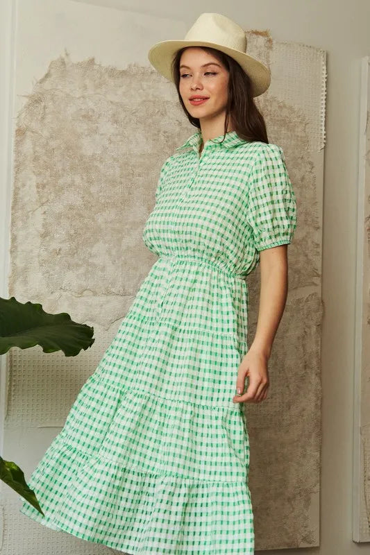 Davi & Dani Checkered Puff Sleeve Tiered Shirt Dress - Brittney MADE