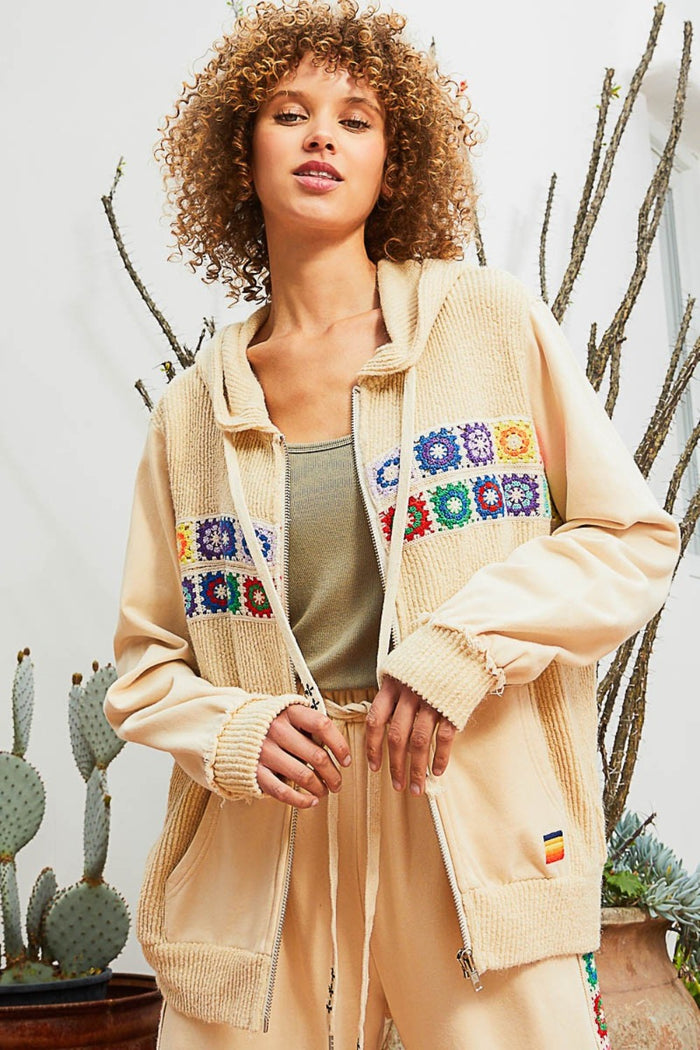 POL Contrast Square Patch Pattern Hooded Zipper Jacket - Brittney MADE