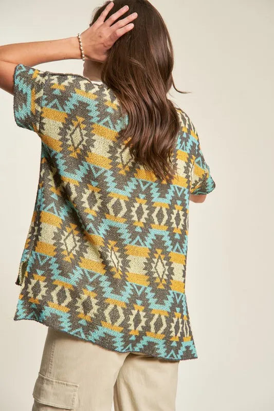 Davi & Dani High-Low Geometric Round Neck Knit Top - Brittney MADE