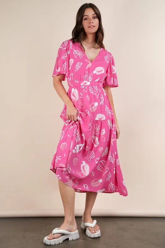 VERY J Printed V-Neck Resort Midi Dress - Brittney MADE