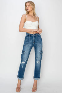 RISEN Full Size High Rise Cargo Ankle Roll Up Straight Jeans - Brittney MADE