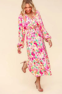 Haptics Full Size Floral Surplice Balloon Sleeve Dress with Side Pockets - Brittney MADE