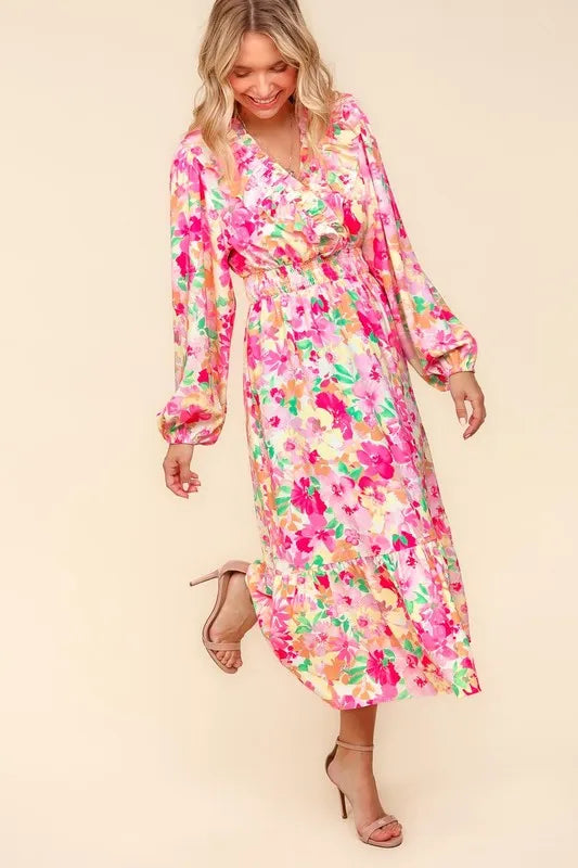 Haptics Full Size Floral Surplice Balloon Sleeve Dress with Side Pockets - Brittney MADE