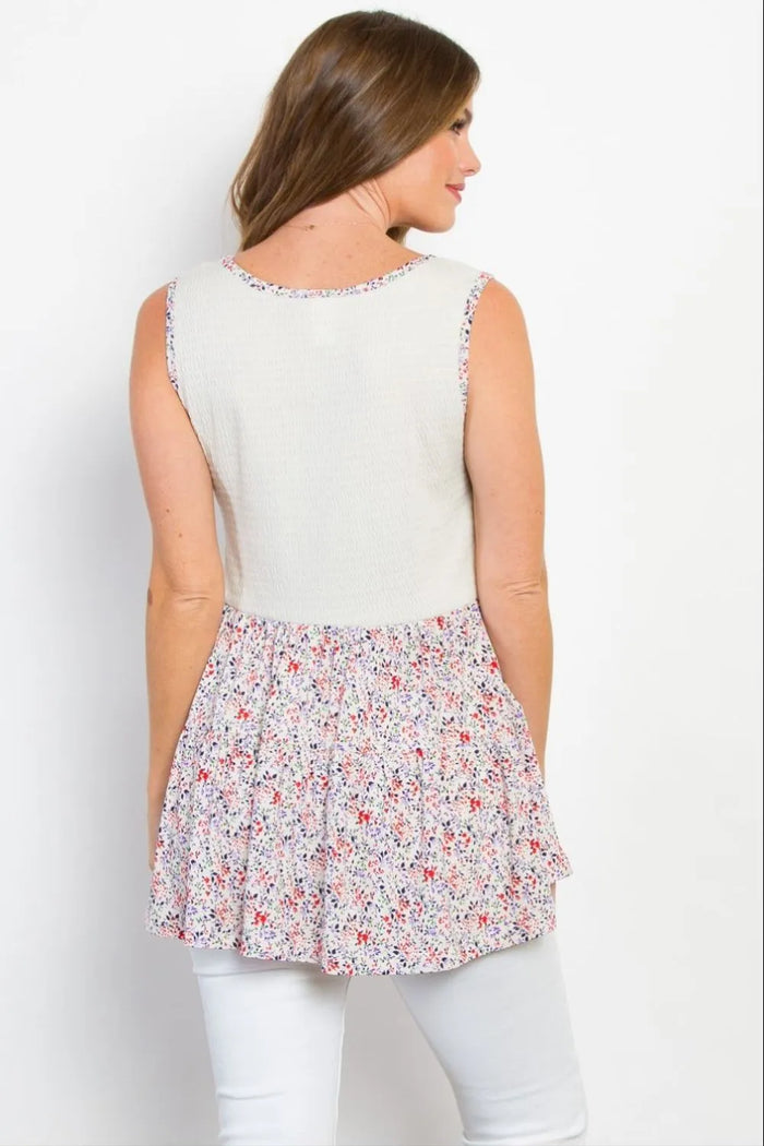 Be Stage Full Size Smocked Printed Peplum Sleeveless Top - Brittney MADE