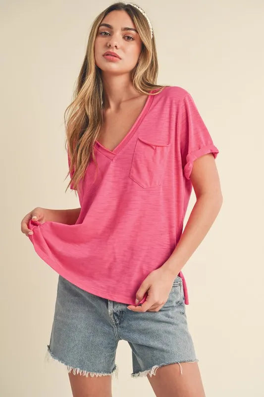 Aemi + Co Side Slit V-Neck Short Rolled Sleeve T-Shirt - Brittney MADE