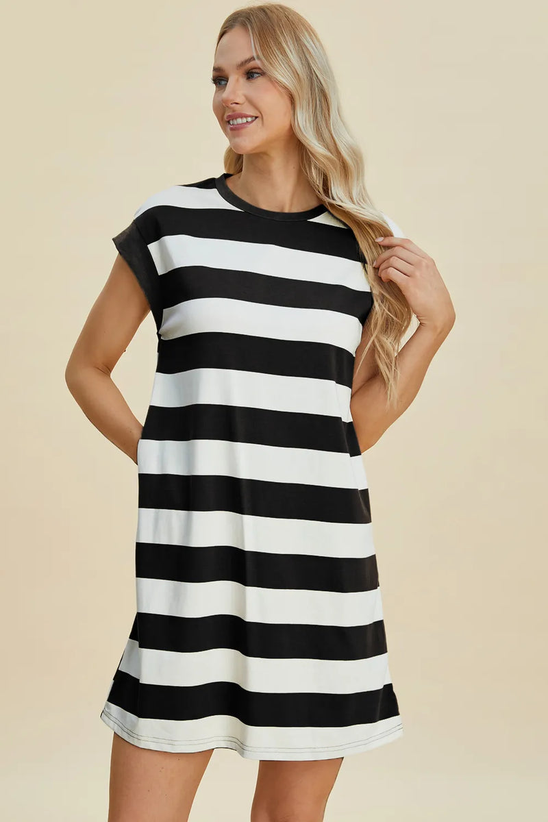 Basic Bae Full Size Striped Round Neck Cap Sleeve Mini Dress - Brittney MADE