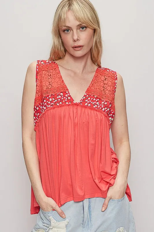 POL Lace Detail Frill Floral V-Neck Sleeveless Top - Brittney MADE