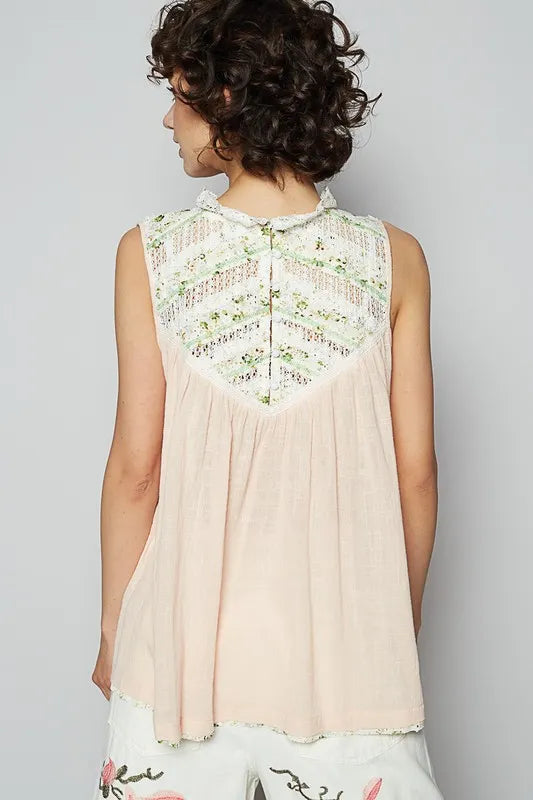 POL Lace Detail Floral Sleeveless Rayon Gauze Top - Brittney MADE