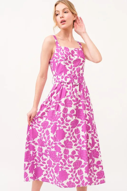 And The Why Square Neck Belted Floral Printed Midi Dress - Brittney MADE
