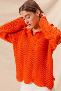 SO ME Notched Collar Wavy Texture Sweater Top - Brittney MADE