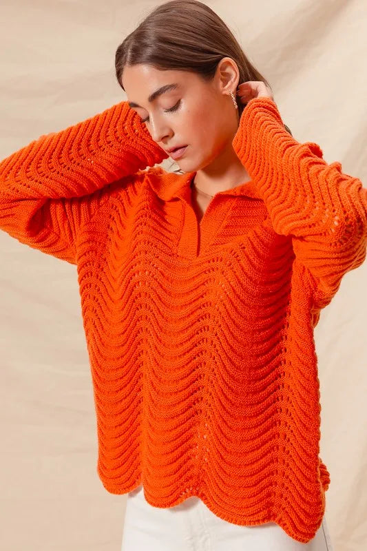 SO ME Notched Collar Wavy Texture Sweater Top - Brittney MADE