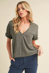 Aemi + Co Side Slit V-Neck Short Rolled Sleeve T-Shirt - Brittney MADE