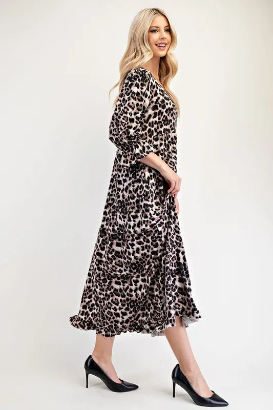 Celeste Full Size Leopard Round Neck Flounce Sleeve Dress - Brittney MADE