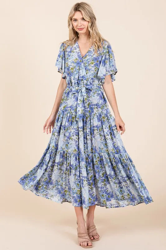 Mittoshop Floral Tie Waist Flutter Sleeve Tiered Dress - Brittney MADE