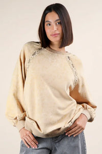 VERY J Plus Size Lace Trim Detail Mineral Washed Knit Top - Brittney MADE