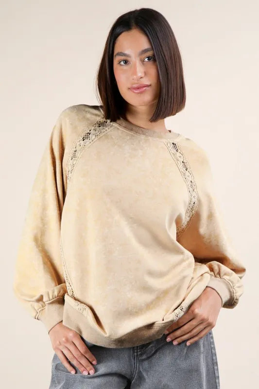 VERY J Plus Size Lace Trim Detail Mineral Washed Knit Top - Brittney MADE