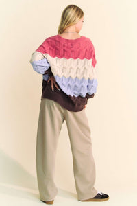 Davi & Dani Wavy Texture Color Block V-Neck Sweater - Brittney MADE