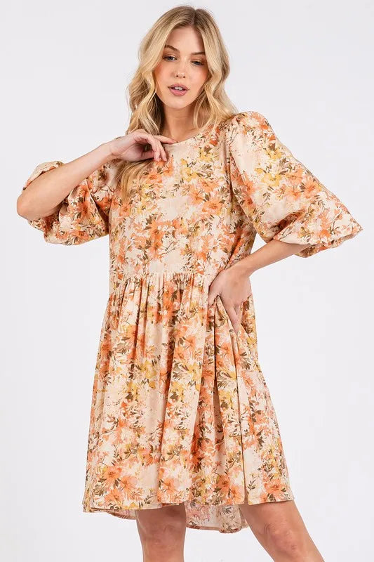 Mittoshop Flower Print Linen Blend Babydoll Mini Dress - Brittney MADE