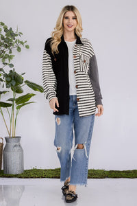 Celeste Full Size Striped Button Up Dropped Shoulder Shacket - Brittney MADE