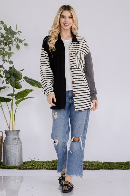 Celeste Full Size Striped Button Up Dropped Shoulder Shacket - Brittney MADE