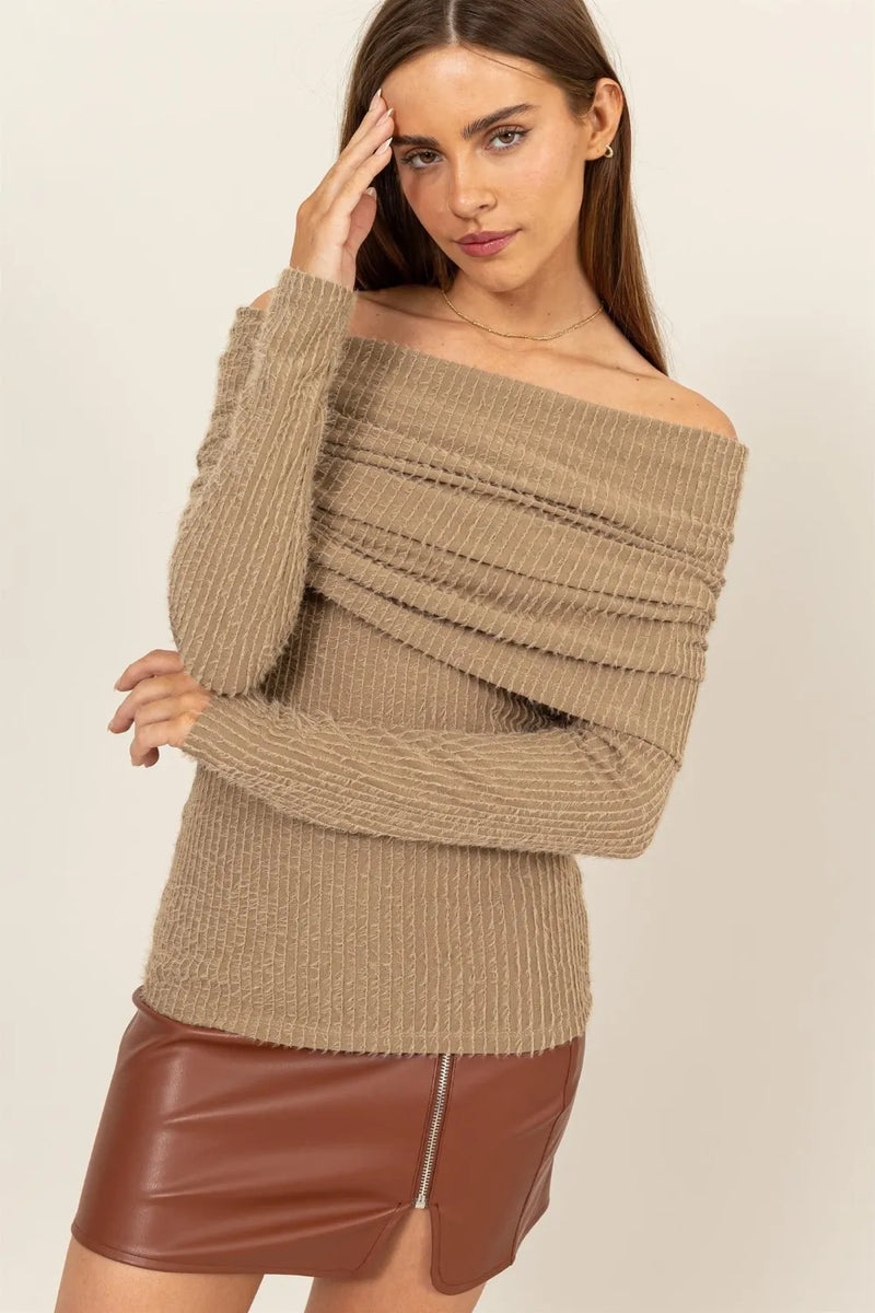 HYFVE Fuzzy Off Shoulder Textured Knit Top - Brittney MADE