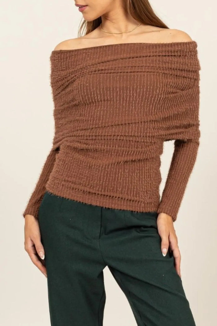 HYFVE Fuzzy Off Shoulder Textured Knit Top - Brittney MADE