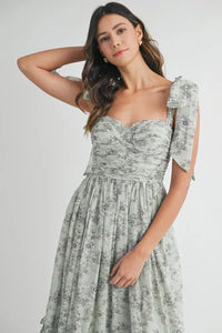MABLE Floral Bust Ruched Midi Dress with Shoulder Tie - Brittney MADE