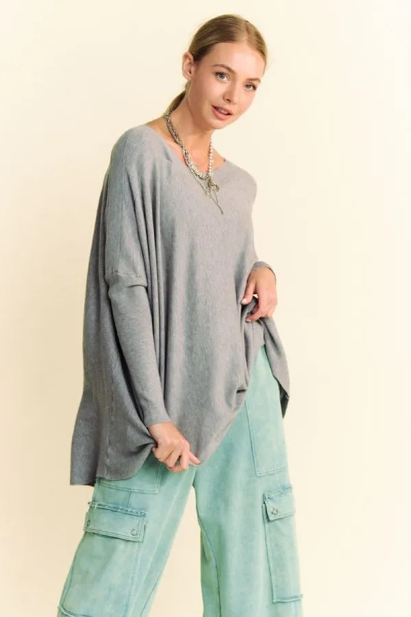 Davi & Dani Round Neck Dropped Shoulder Long Sleeve Knit Top - Brittney MADE