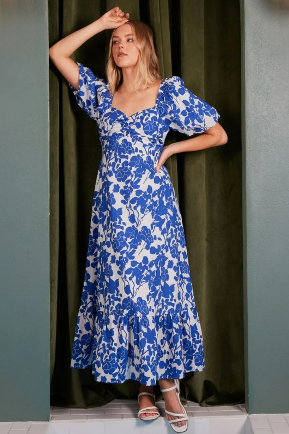 Mittoshop Cutout Back Floral Sweetheart Neck Puff Sleeve Dress - Brittney MADE