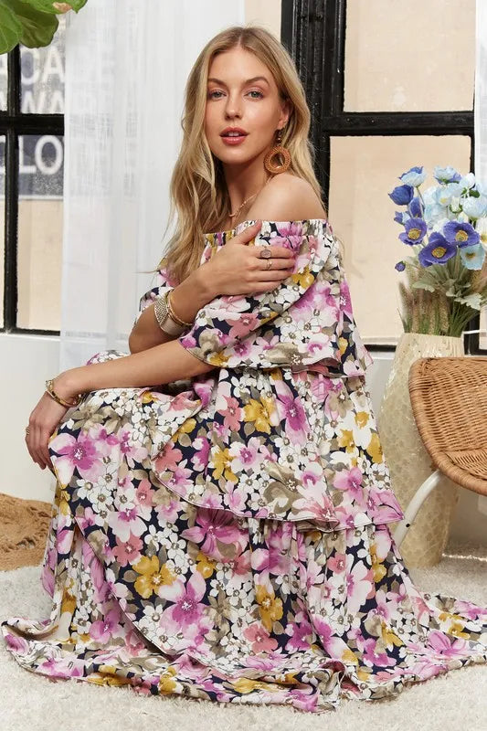 ADORA Layered Floral Off-Shoulder Short Sleeve Maxi Dress - Brittney MADE