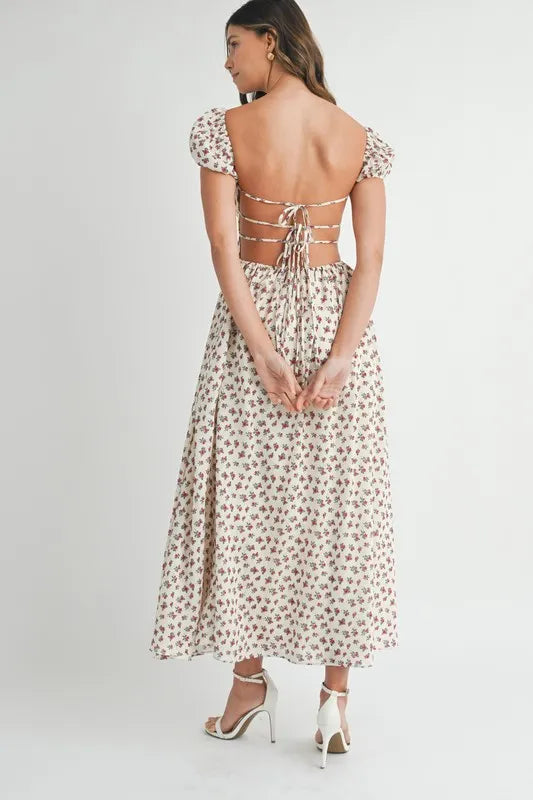 MABLE Floral Print Puff Sleeve Gathered Midi Dress - Brittney MADE