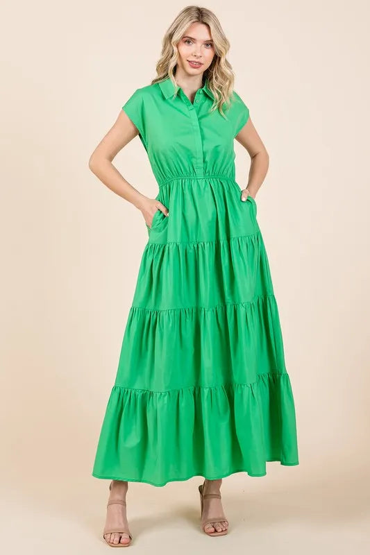 Mittoshop Button Up Collared Tiered Maxi Shirt Dress - Brittney MADE