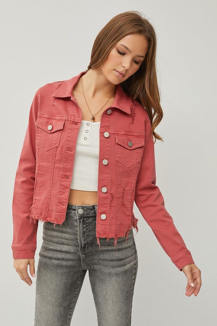 RISEN Full Size Raw Hem Button Up Cropped Denim Jacket Plus Size - Brittney MADE