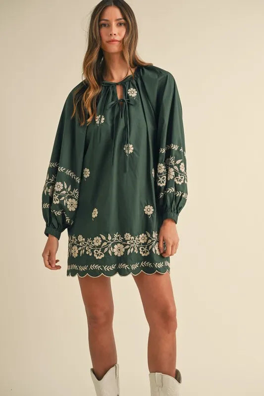 MABLE Embroidered Long Sleeve Peasant Mini Dress - Brittney MADE