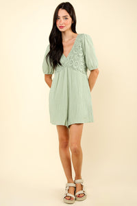 VERY J Lace Detail Puff Sleeve Romper with Pockets - Brittney MADE