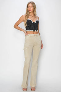 RISEN Full Size High Rise Side Slit Cargo Bootcut Jeans - Brittney MADE