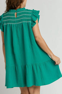 Umgee Full Size Smocked Contrast Stitching Ruffle Cap Sleeve Round Neck Dress Plus Size - Brittney MADE