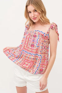 And The Why Ruffled Neck Tied Strap Boho Printed Swing Top - Brittney MADE
